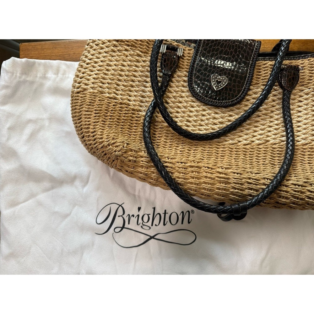 Brighton Savannah Straw Basket Weave Woven Black/Beige Handbag W/ Protective Bag